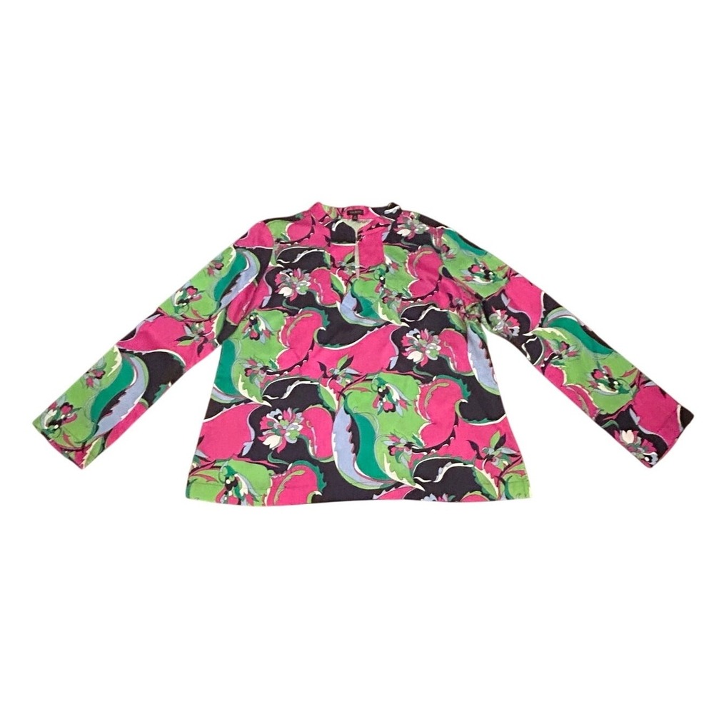 Talbots Blouse 12 Pink Green Floral Paisley Tencel Split Neck Retro Eclectic